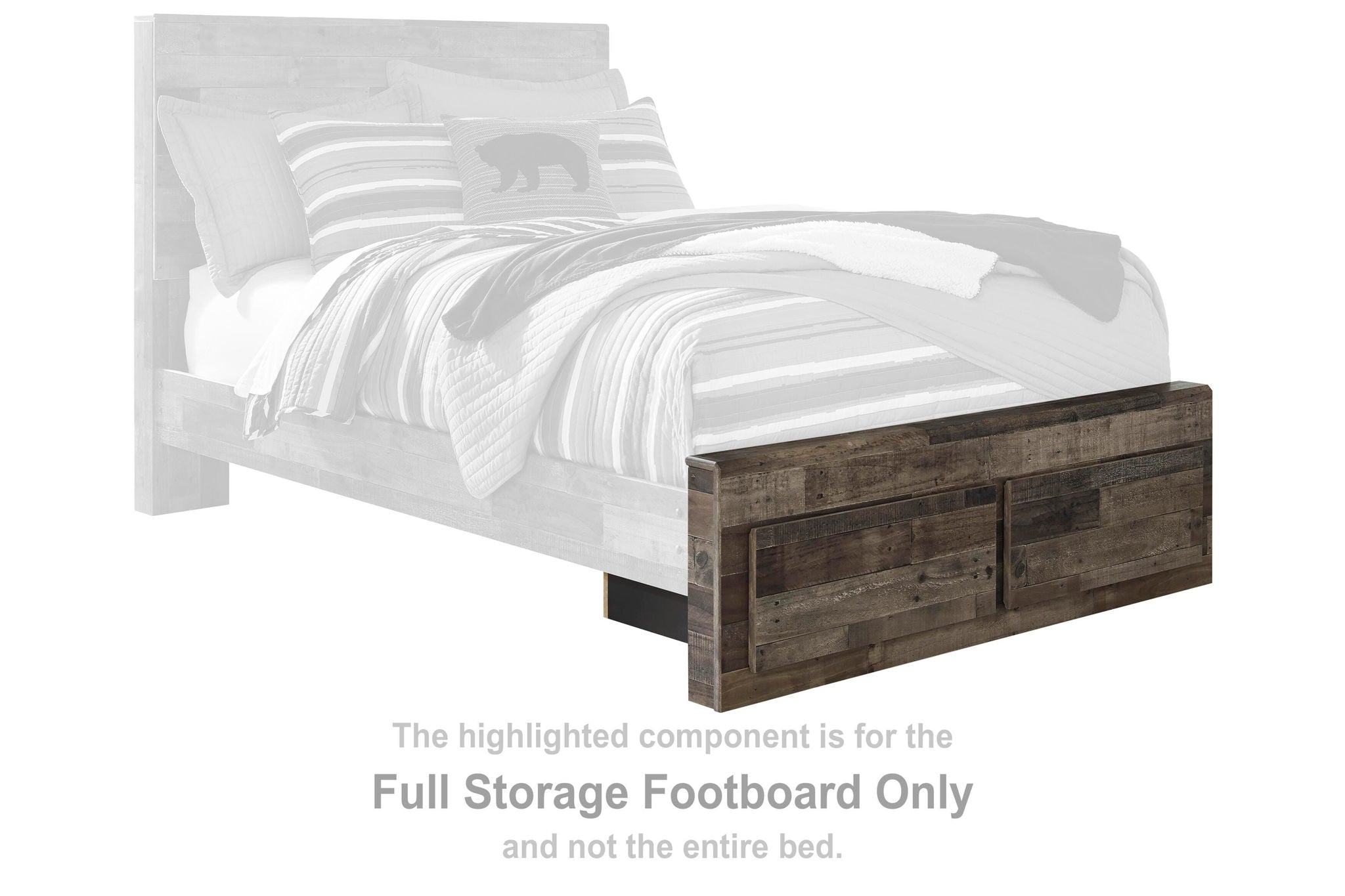 Full storage footboard with multi-gray wood panels