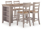 Dining table with four gray bar stools, natural wood tabletop and open shelf base