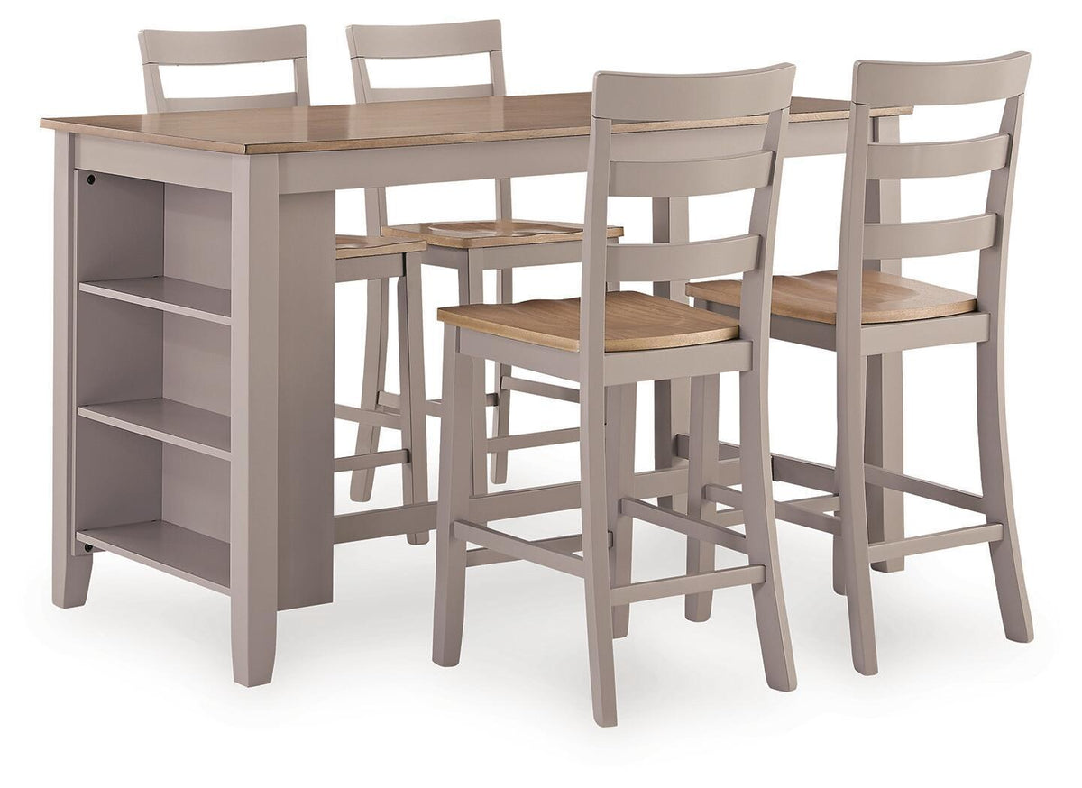 Dining table with four gray bar stools, natural wood tabletop and open shelf base