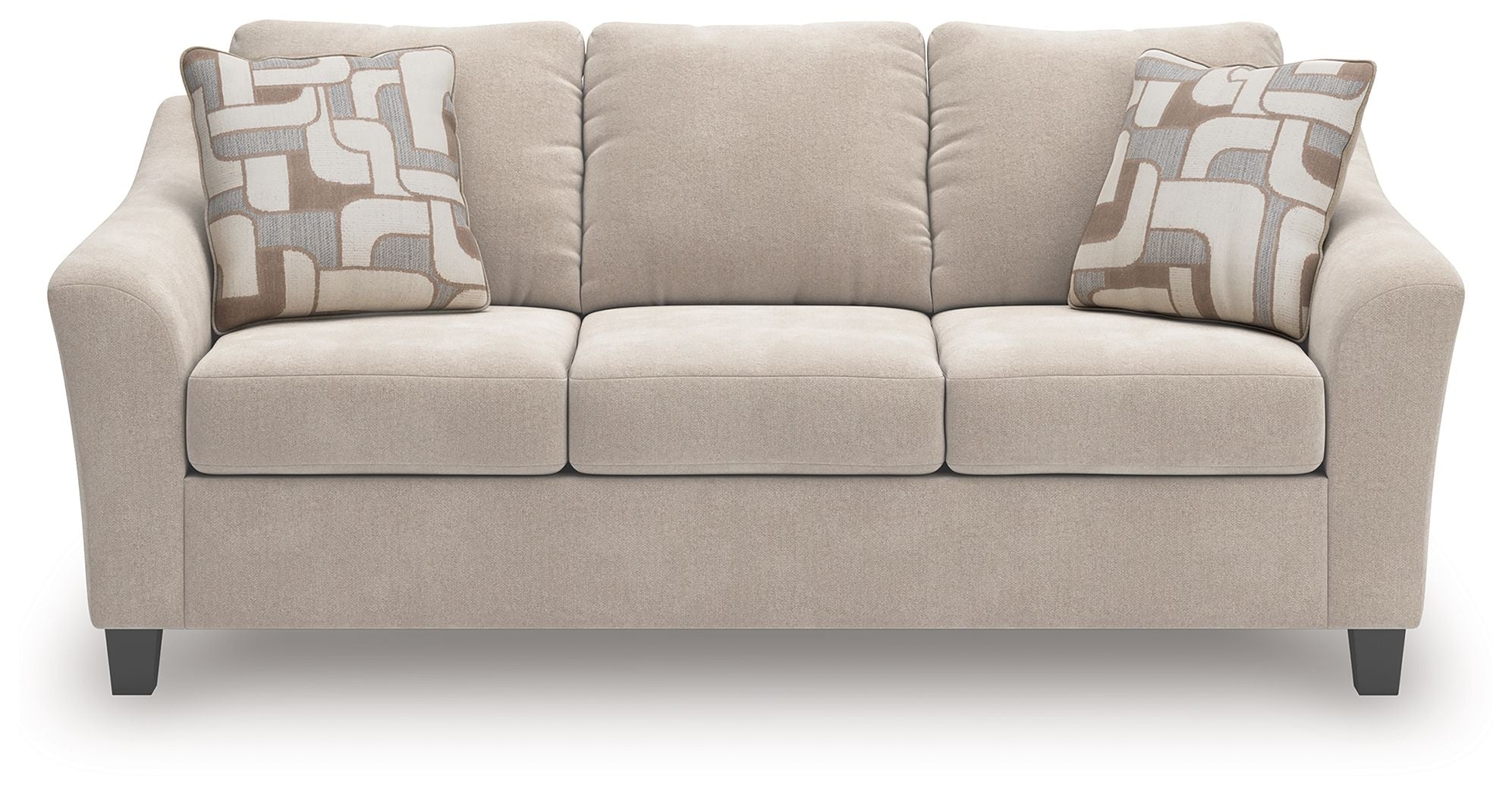 Taupe queen sofa sleeper with three front cushions and two patterned accent pillows