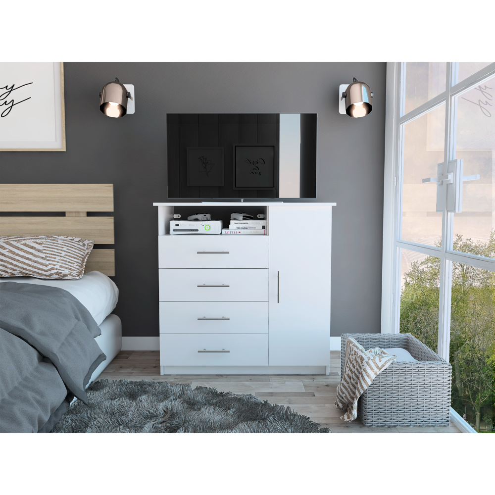 Peru White 4-Drawer Dresser with Cabinet & Open Shelf