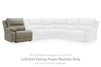 Left-arm facing power recliner component in light pebble fabric beside white sectional