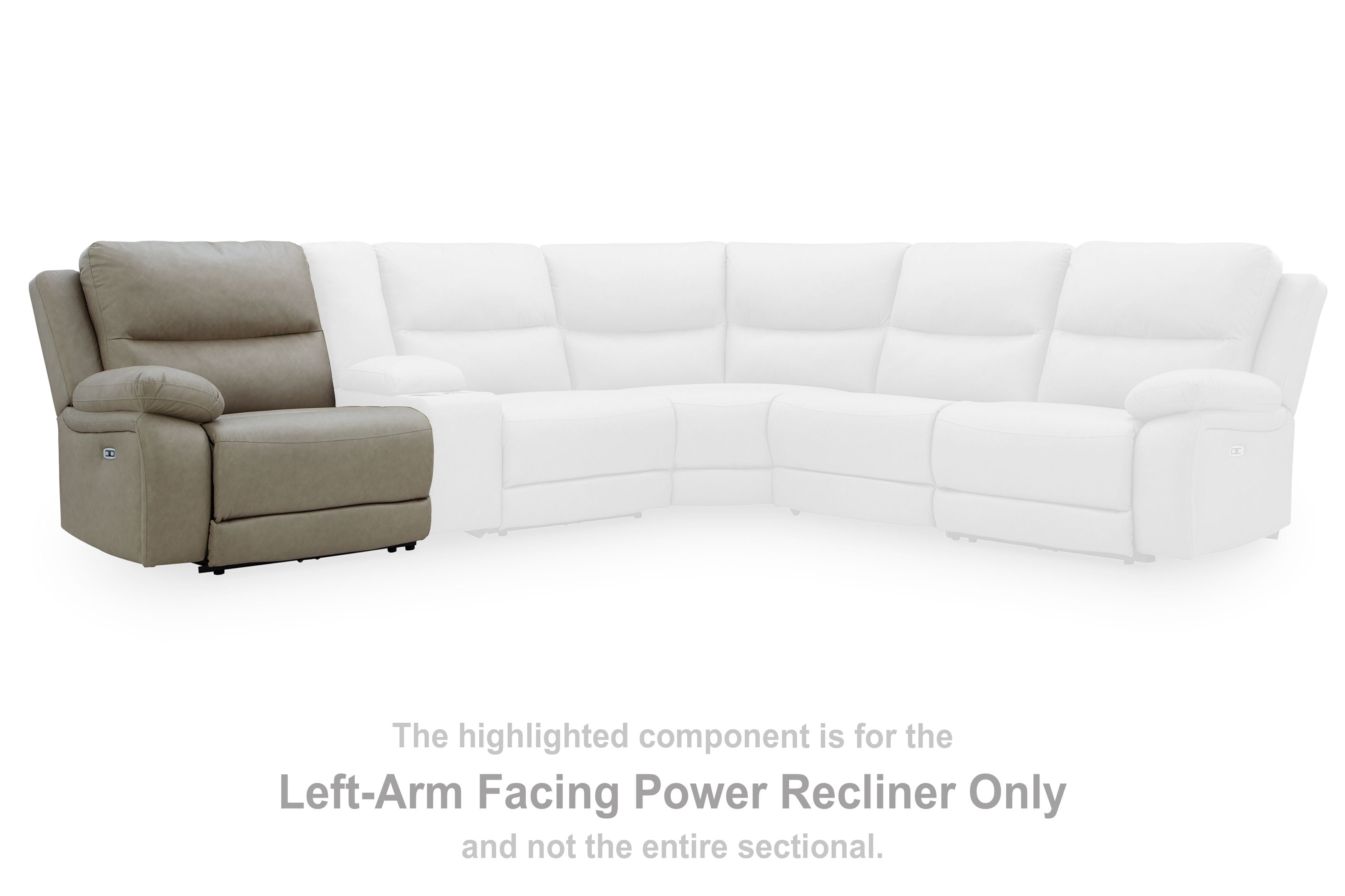 Left-arm facing power recliner component in light pebble fabric beside white sectional