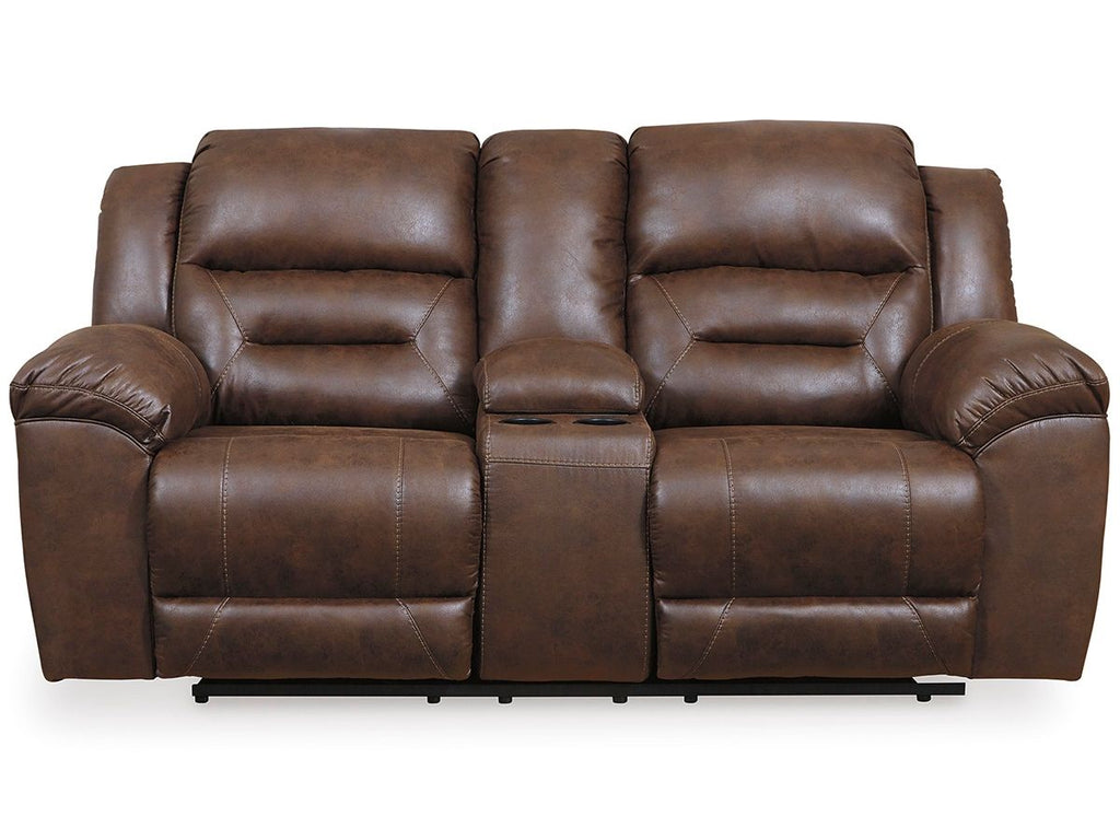Stoneland power reclining loveseat in dark brown leather-look, three seat cushions and arm rests