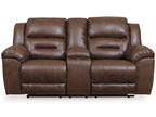 Stoneland power reclining loveseat in dark brown leather-look, three seat cushions and arm rests