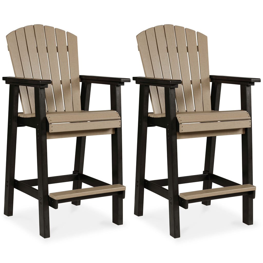Set of 2 tall barstools: black frame, beige slatted back and seat, front view