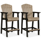 Set of 2 tall barstools: black frame, beige slatted back and seat, front view