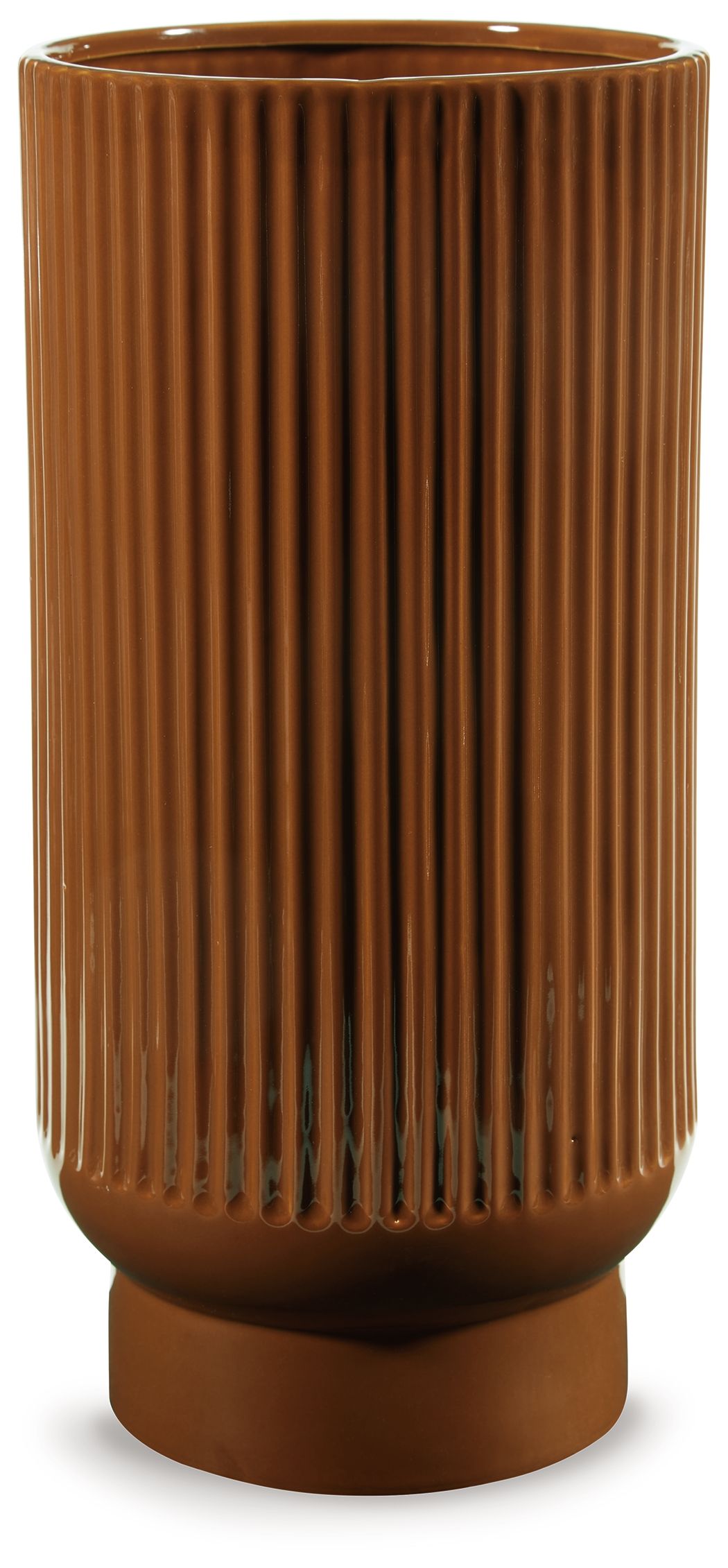 Dark brown ribbed ceramic vase with fluted texture and round pedestal base