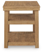 Natural wood rectangular end table with two-tier shelves and solid legs