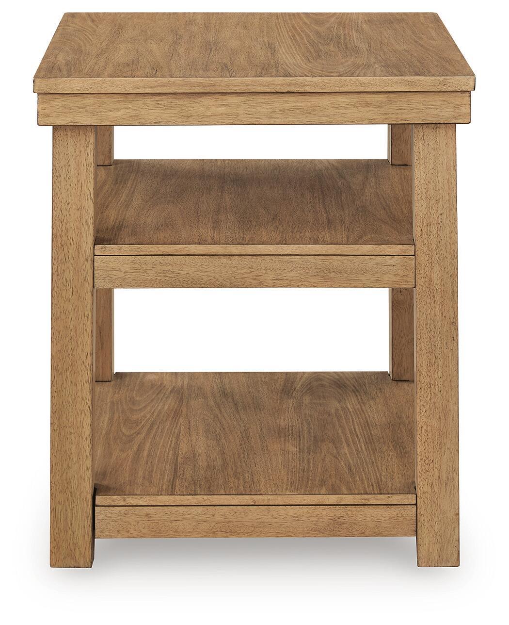 Natural wood rectangular end table with two-tier shelves and solid legs
