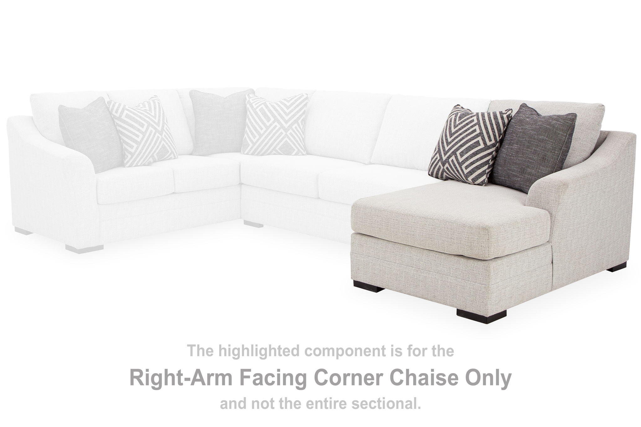 Light gray right-arm facing corner chaise section with geometric and solid throw pillows.