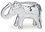 Silver mosaic elephant sculpture front view with raised trunk and reflective tiled surface