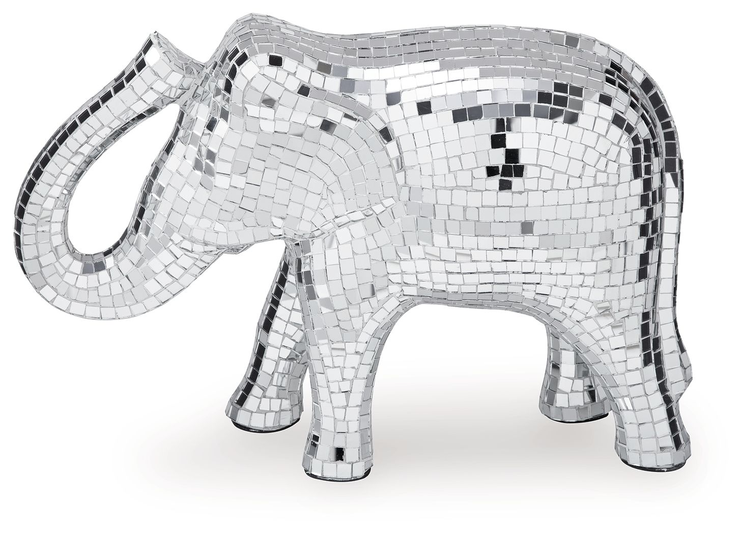 Silver mosaic elephant sculpture front view with raised trunk and reflective tiled surface