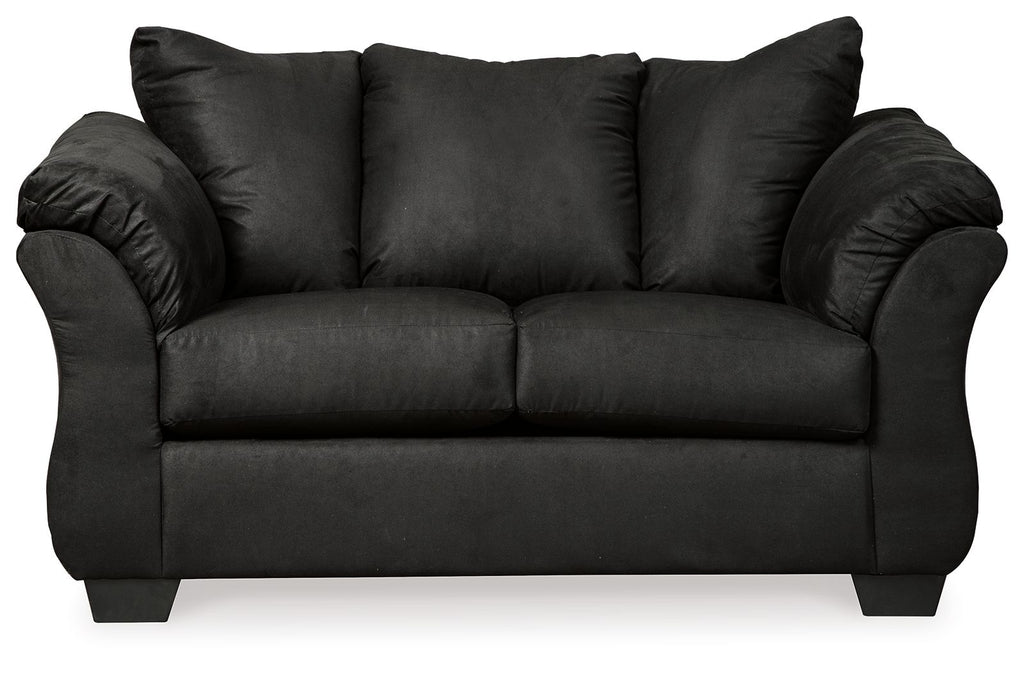 Darcy stationary loveseat in black fabric with rolled arms and padded back cushions