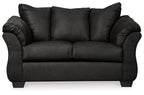 Darcy stationary loveseat in black fabric with rolled arms and padded back cushions