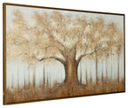 Close-up framed wall art of textured tree branches with white drip columns and gold tint