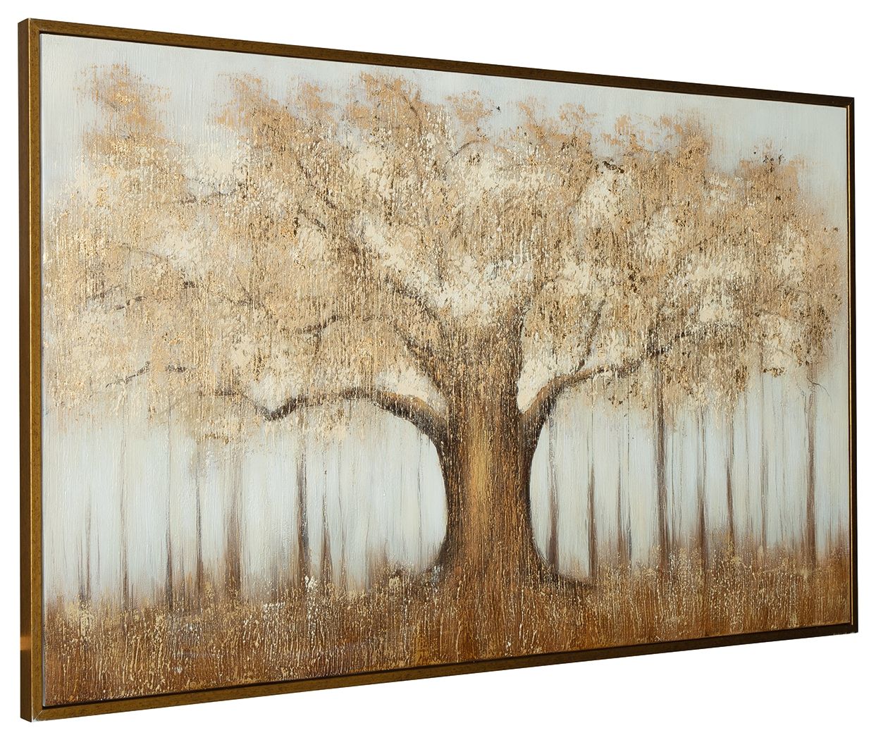 Close-up framed wall art of textured tree branches with white drip columns and gold tint