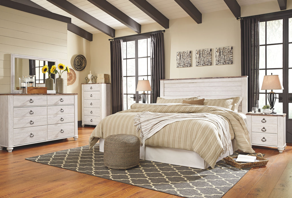 Willowton bedroom set with panel headboard bed, dresser, mirror, and nightstands