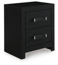 Black two-drawer night stand with chrome bar handles