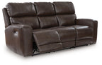 Dark brown leather power recline sofa with adjustable headrests, reclined seat