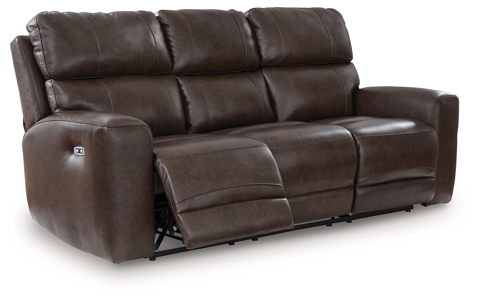 Dark brown leather power recline sofa with adjustable headrests, reclined seat