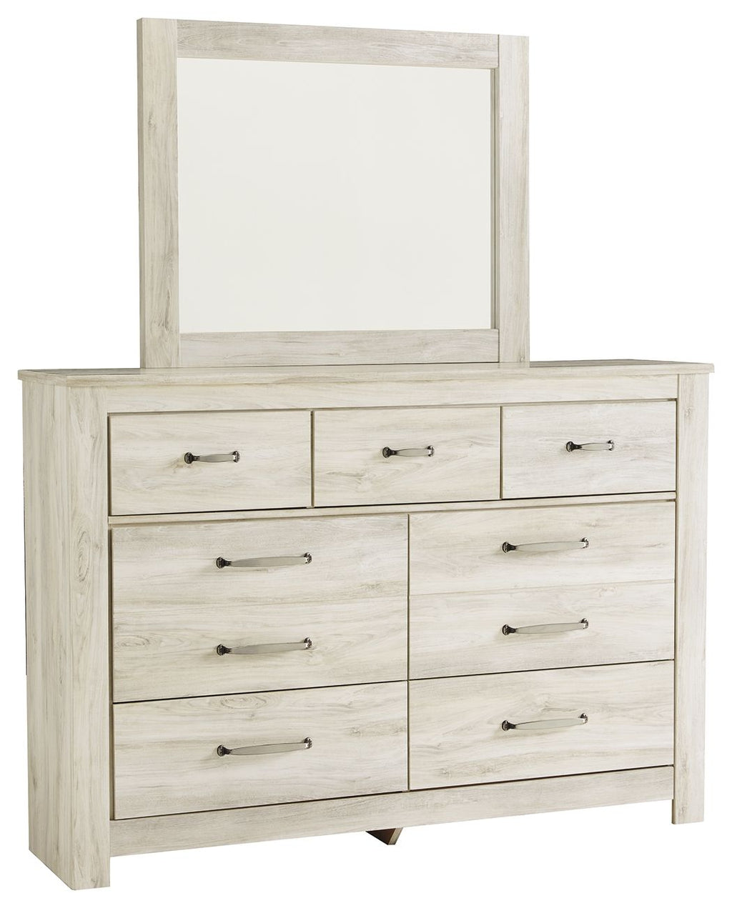 Light brown wooden dresser with attached mirror and multiple drawers, metal bar pulls