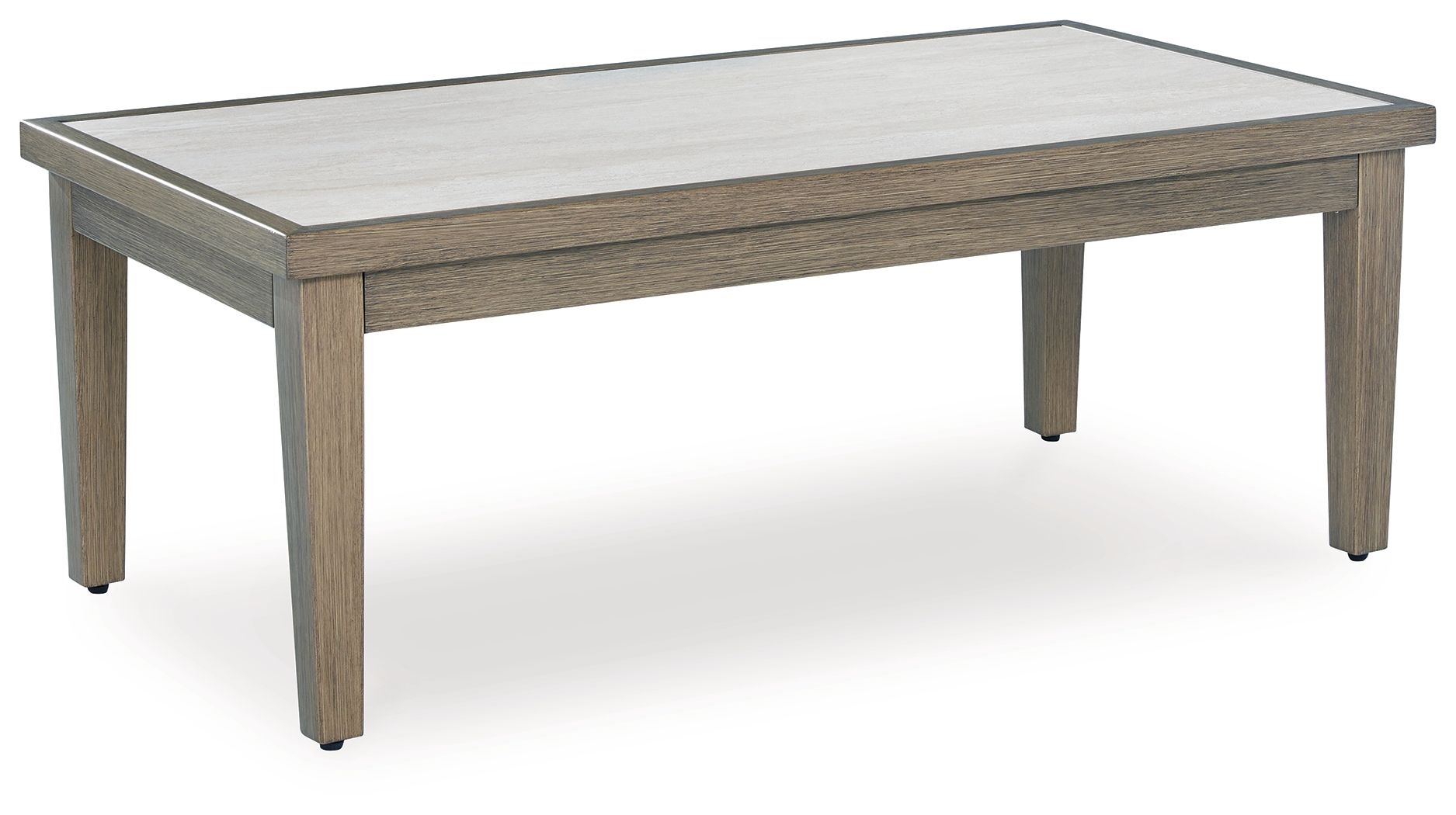 Rectangular cocktail table with light gray-beige tabletop and brown wood base