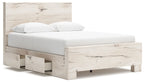 Panel bed with storage, white mattress, light wood lower cabinets with drawer fronts