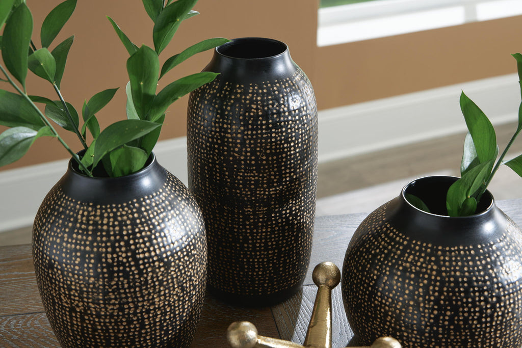Vinburn accessory set black speckled vases with potted greenery