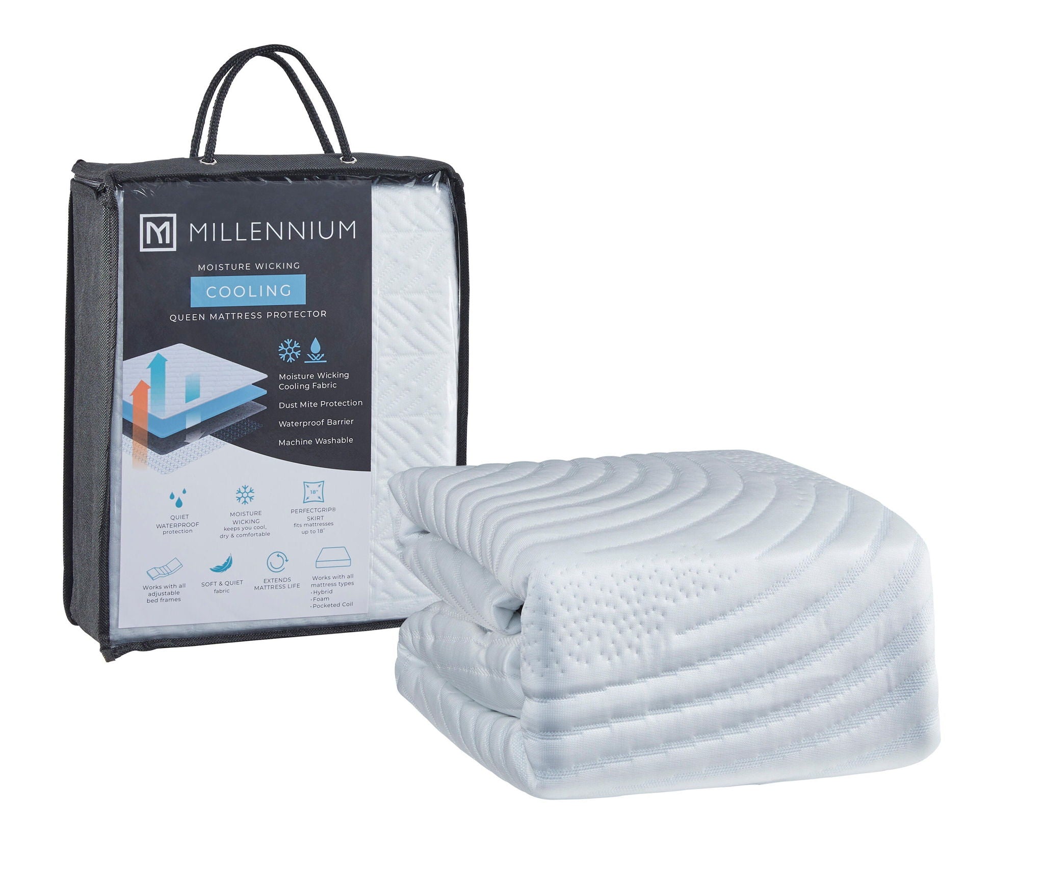 Folded cooling mattress protector, light blue, with matching packaging bag