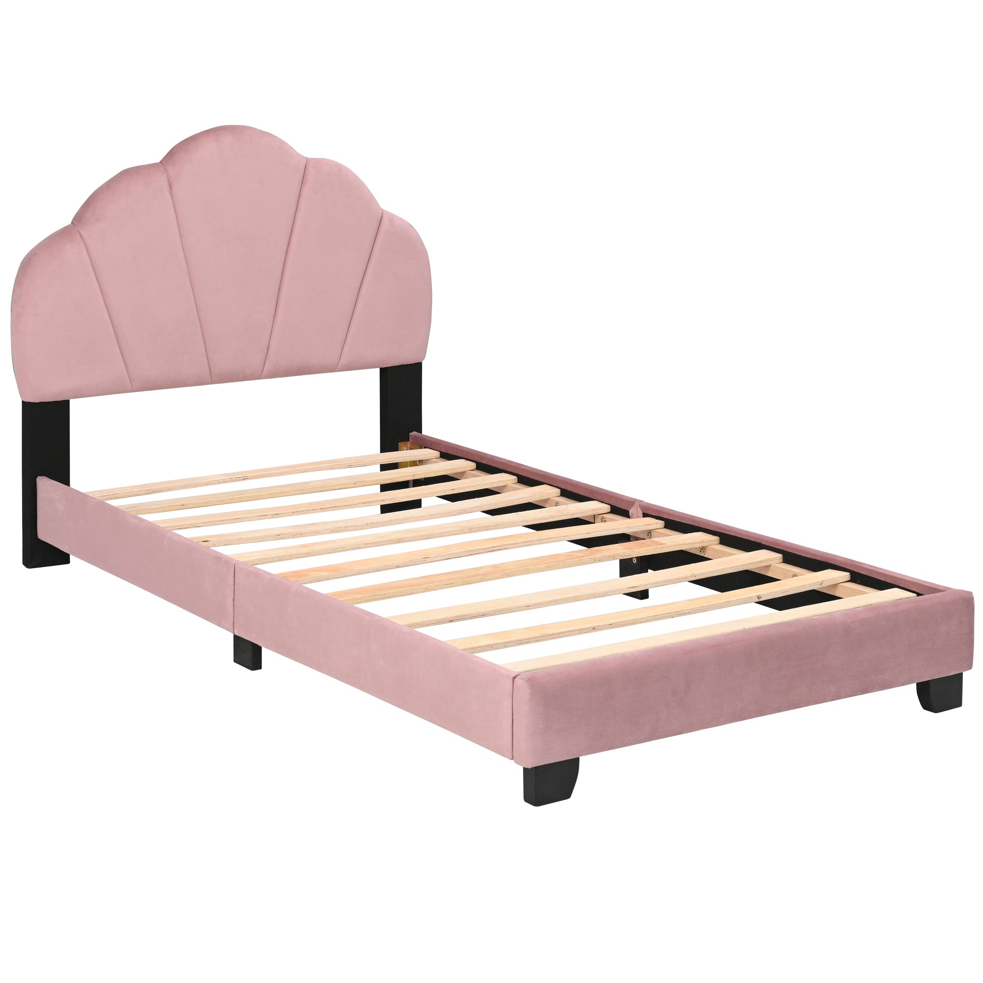 Pink Twin Upholstered Platform Bed for Kids & Teens: Shell Headboard
