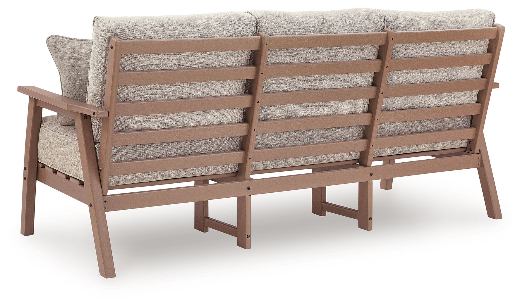 Gray outdoor sofa back with driftwood slatted frame and two throw pillows