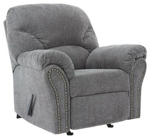 Pewter fabric rocker recliner, padded arms, nailhead trim, and recline footrest