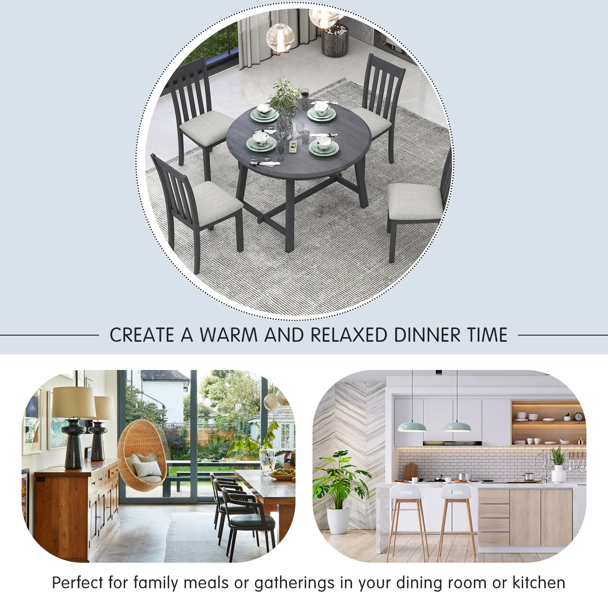 5-Piece Round Extendable Dining Table Set (Gray)