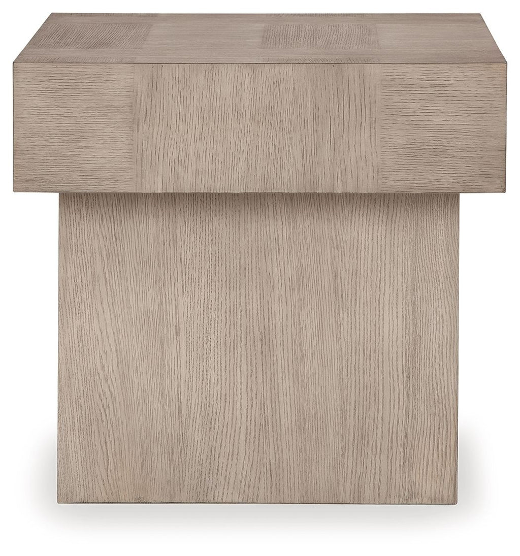 Square end table in light grayish brown with rectangular top and straight legs.