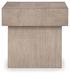 Square end table in light grayish brown with rectangular top and straight legs.