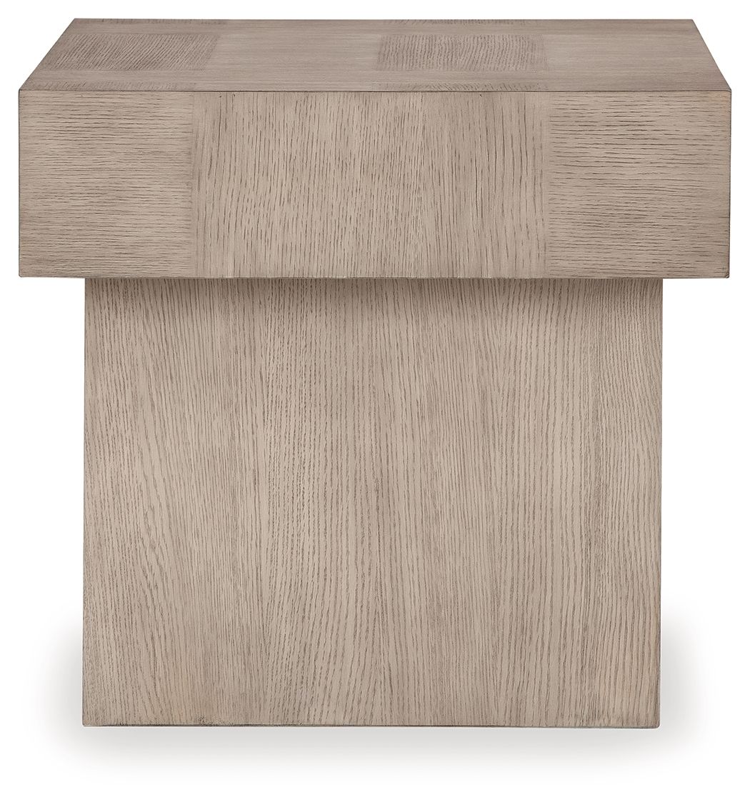 Square end table in light grayish brown with rectangular top and straight legs.