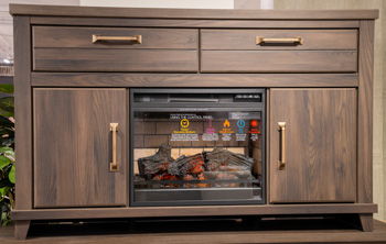 Dark brown TV stand with glass fireplace, two drawers and cabinet doors with handles