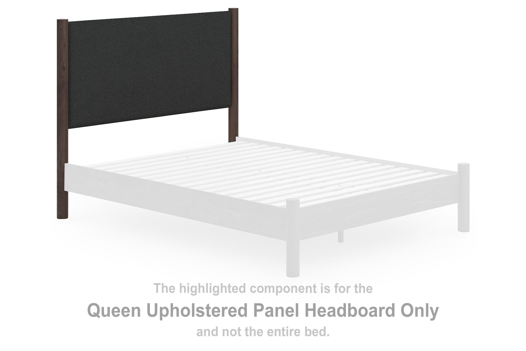 Queen upholstered panel headboard with dark fabric and brown frame