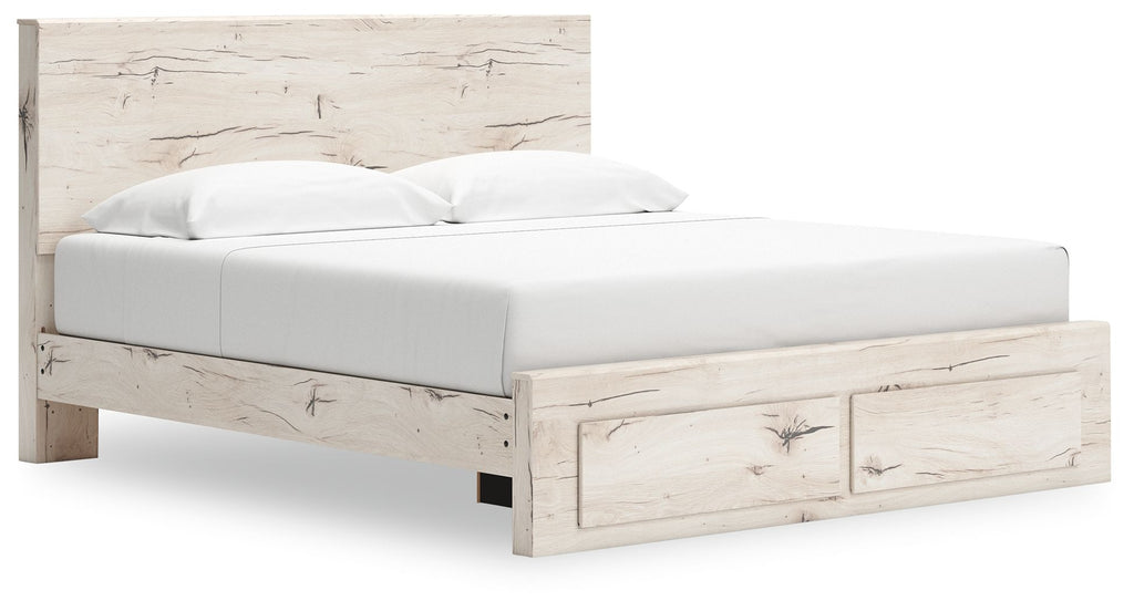 Panel bed with storage, white mattress, light wood headboard and front drawer panel