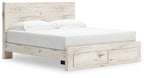 Panel bed with storage, white mattress, light wood headboard and front drawer panel