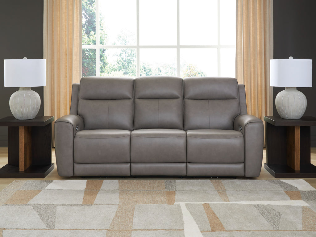 Power reclining sofa with adjustable headrests, light gray upholstery, three seat back panels