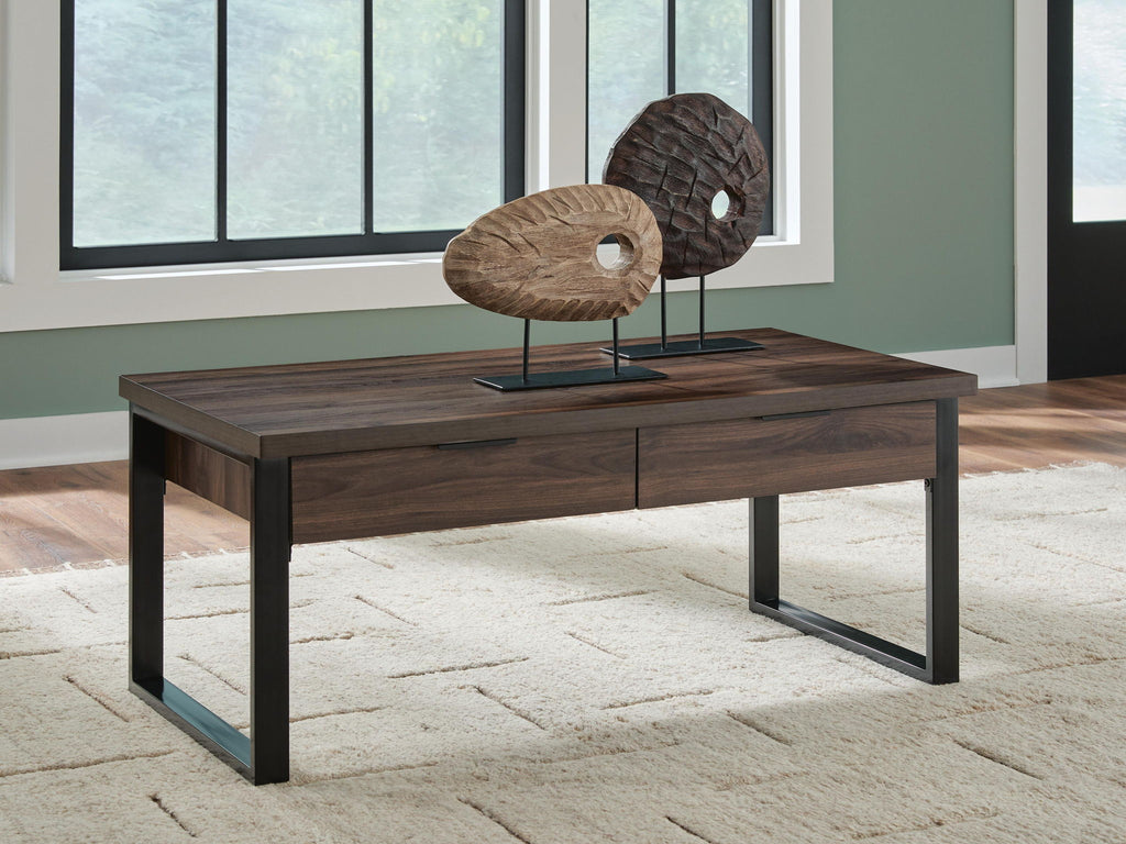 Rectangular dark brown table with two-panel drawer and black angled legs