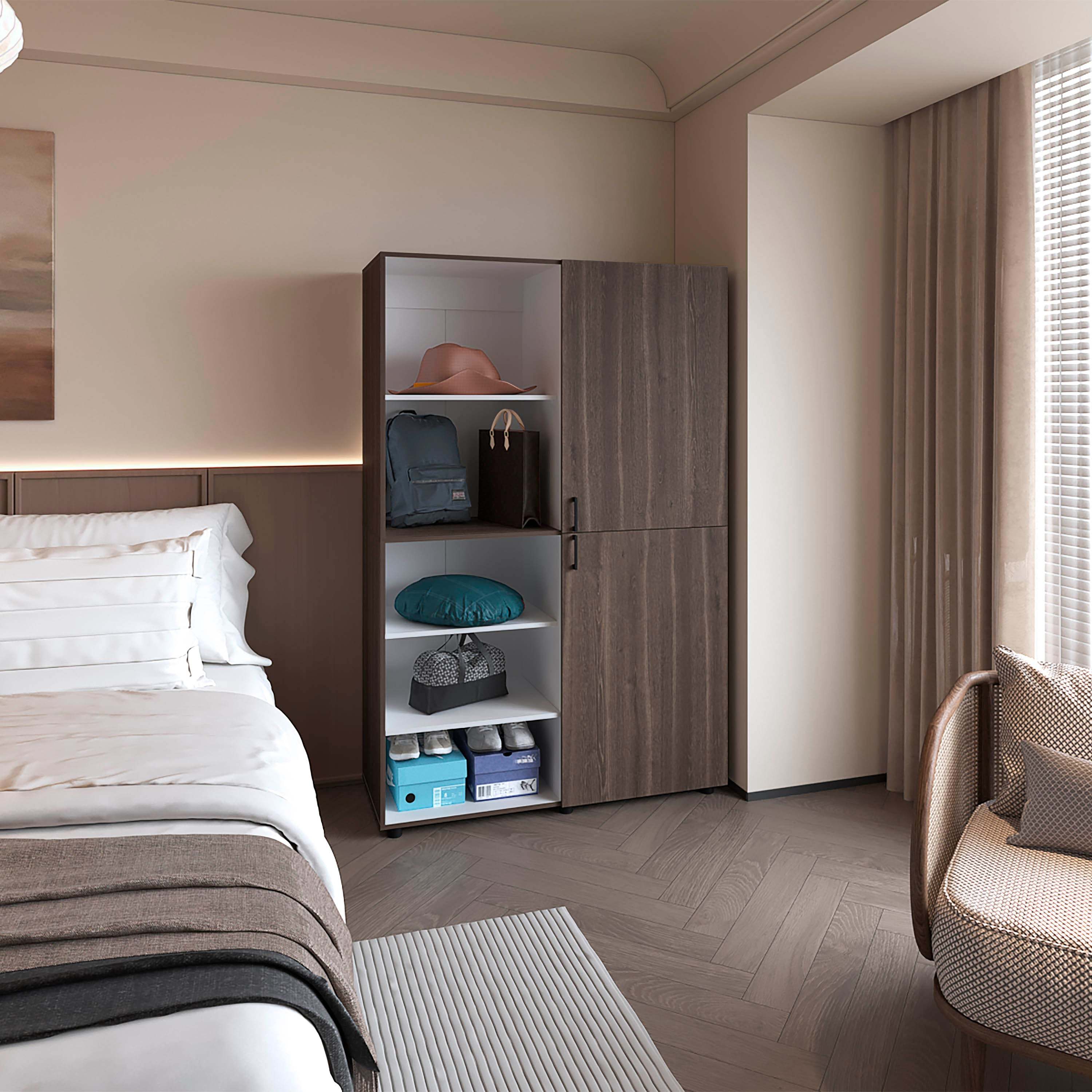 Grey Walnut White 2-Door Wardrobe with Open Storage