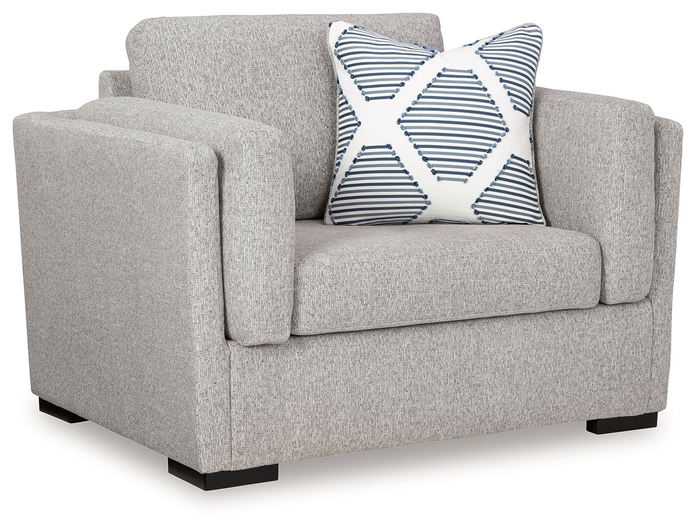 Light gray upholstered chair with striped accent pillow on seat