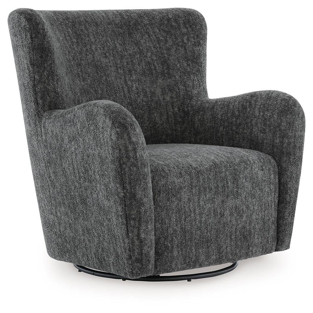 Dark gray swivel glider accent chair with rounded arms, tall back, and circular base