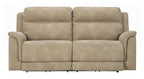 Power reclining sofa, sand beige upholstery, divided seat cushions and rounded arms