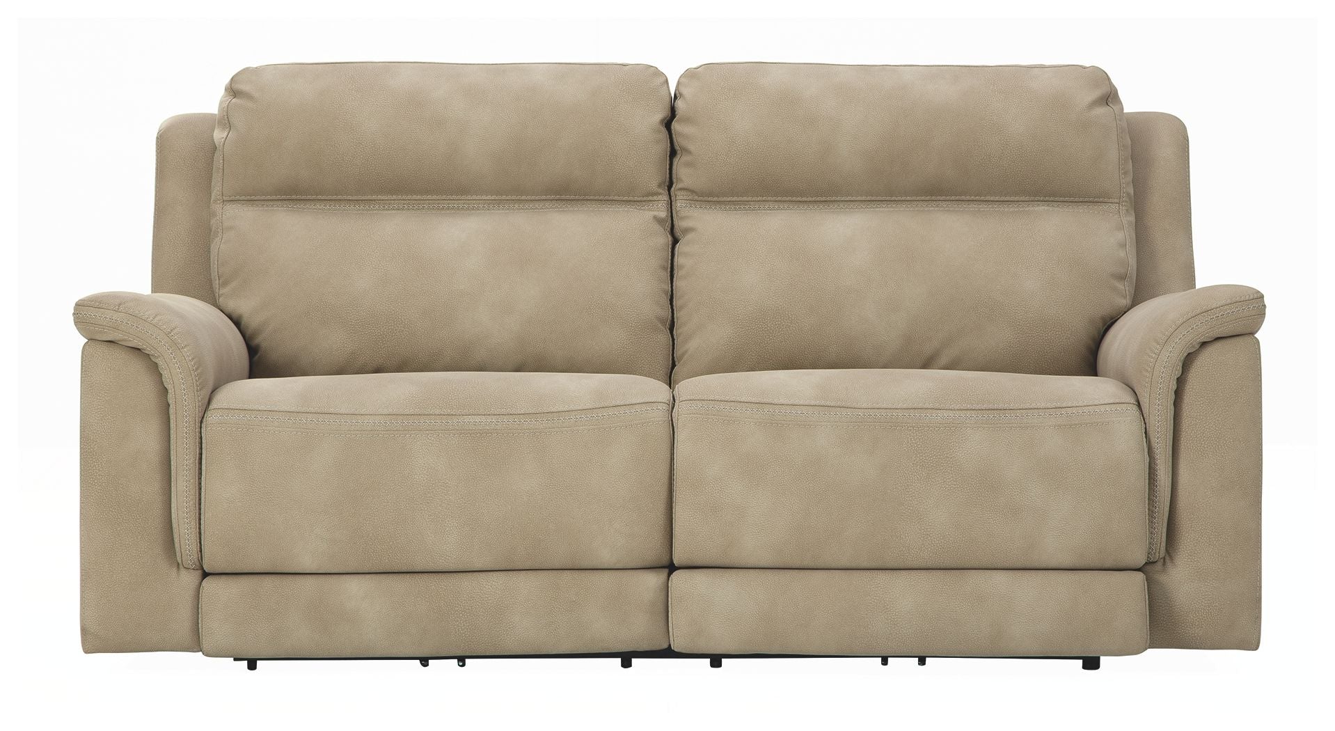 Power reclining sofa, sand beige upholstery, divided seat cushions and rounded arms