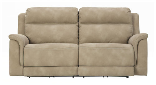 Power reclining sofa, sand beige upholstery, divided seat cushions and rounded arms