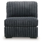 Gunmetal armless chair with stacked padded back and seat, ribbed quilted texture